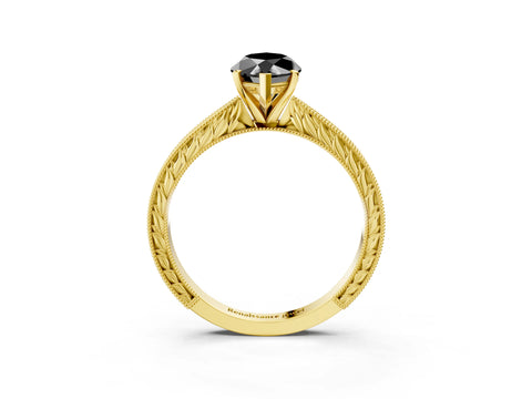 Yellow gold Fancy Black Marquise Cut Solitaire Milgrain Engraved Band with Four-Prong Setting_3