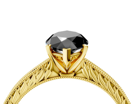 Yellow gold Fancy Black Marquise Cut Solitaire Milgrain Engraved Band with Four-Prong Setting_4