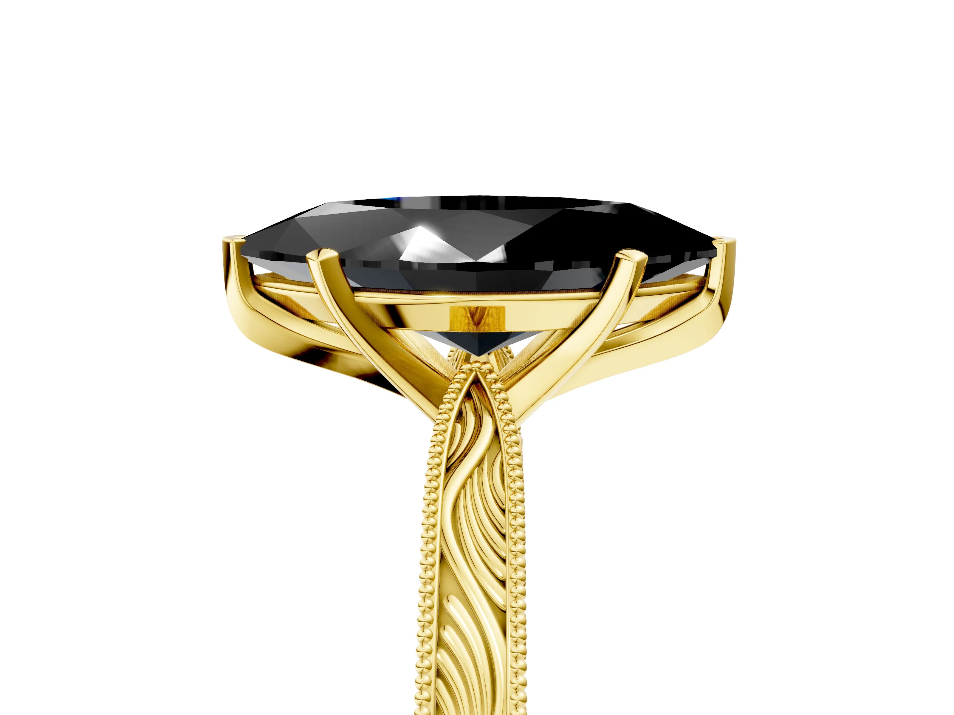 Yellow gold Fancy Black Marquise Cut Solitaire Milgrain Engraved Band with Four-Prong Setting_5