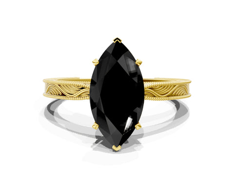 Yellow gold Fancy Black Marquise Cut Solitaire Milgrain Engraved Band with Four-Prong Setting