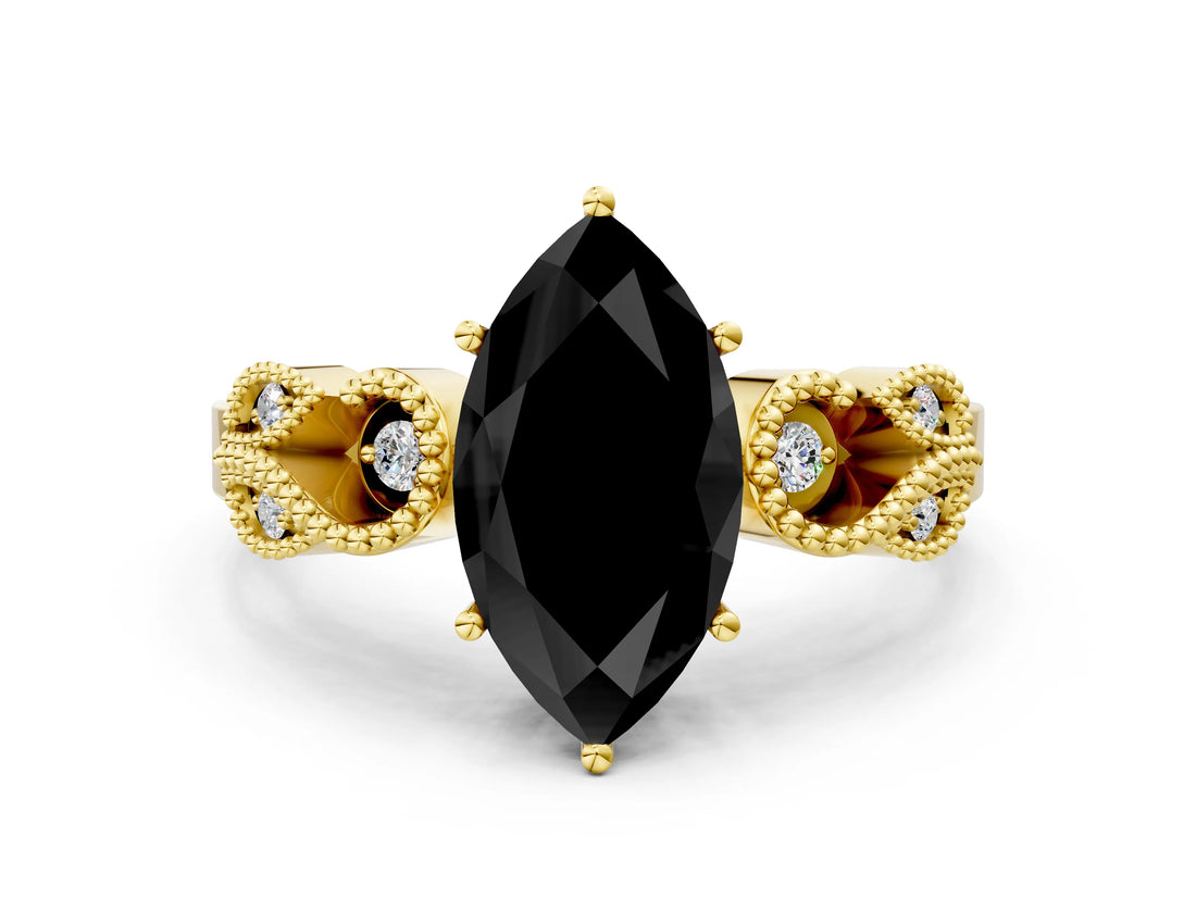 Yellow gold Fancy Black Marquise Cut Solitaire Milgrain Leaf Band with Prong Setting