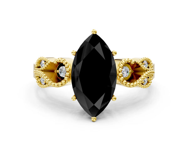 Yellow Gold Marquise Vintage Solitaire Engagement Ring Setting for Black Center
