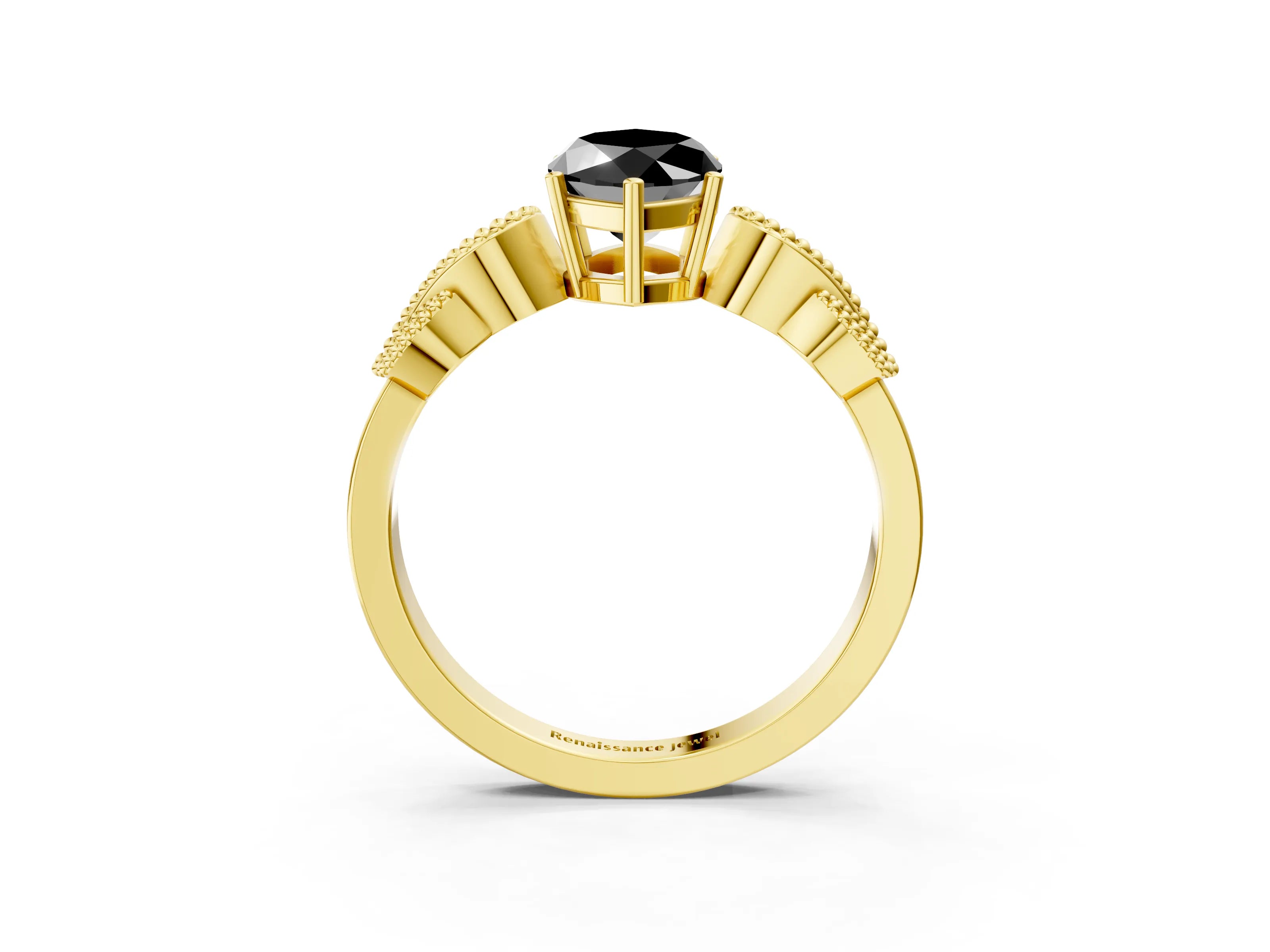 Yellow gold Fancy Black Marquise Cut Solitaire Milgrain Leaf Band with Prong Setting_3