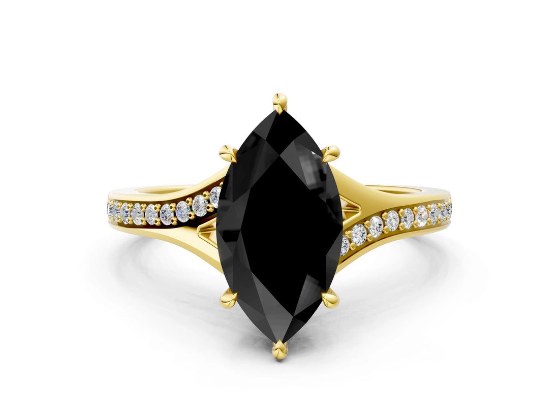 Yellow gold Fancy Black Marquise Cut Solitaire Pavé Band with Four-Prong Setting