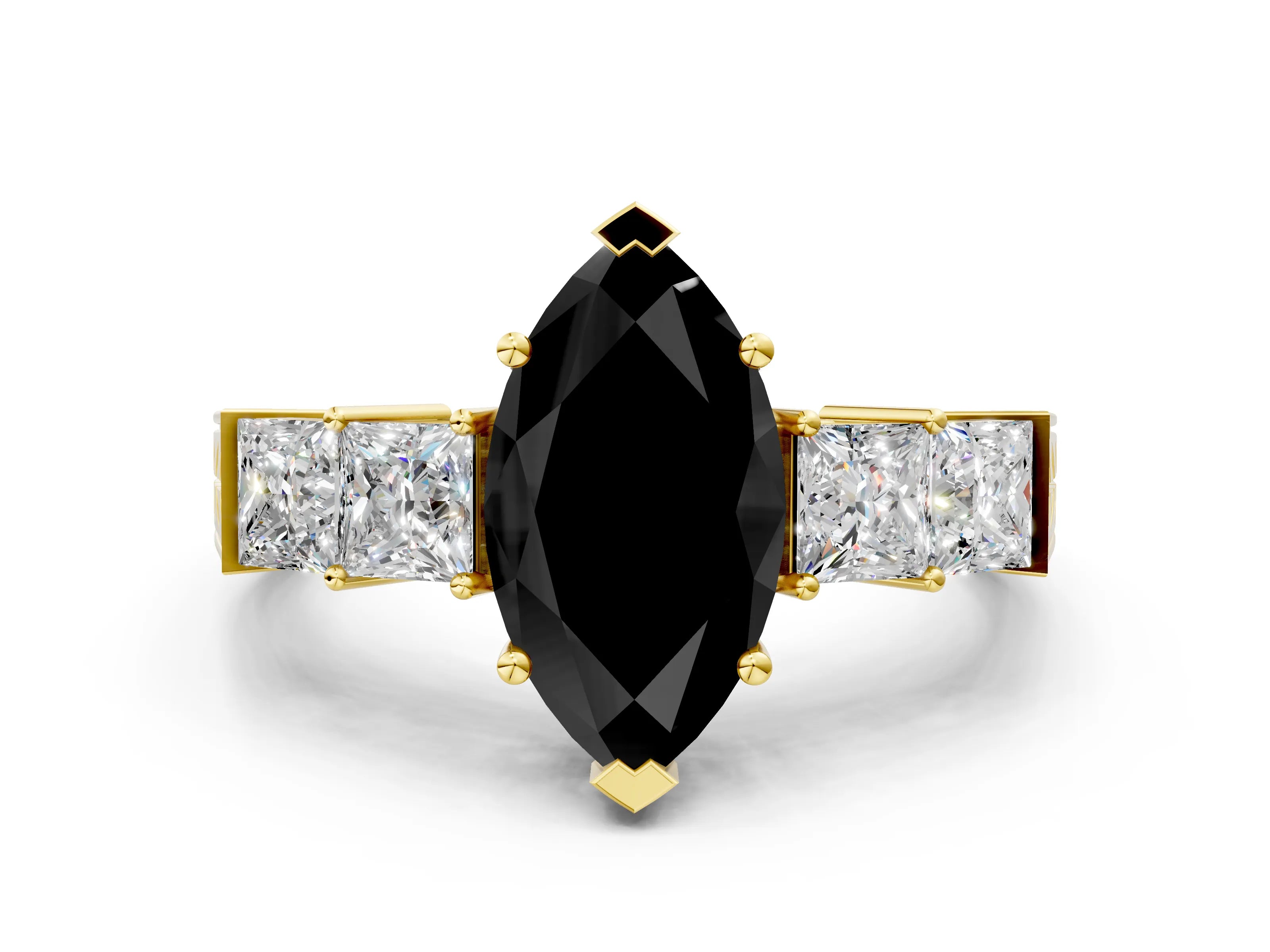 Yellow gold Fancy Black Marquise Cut Solitaire Princess Side Stone Engraved Band Prong Setting Ring