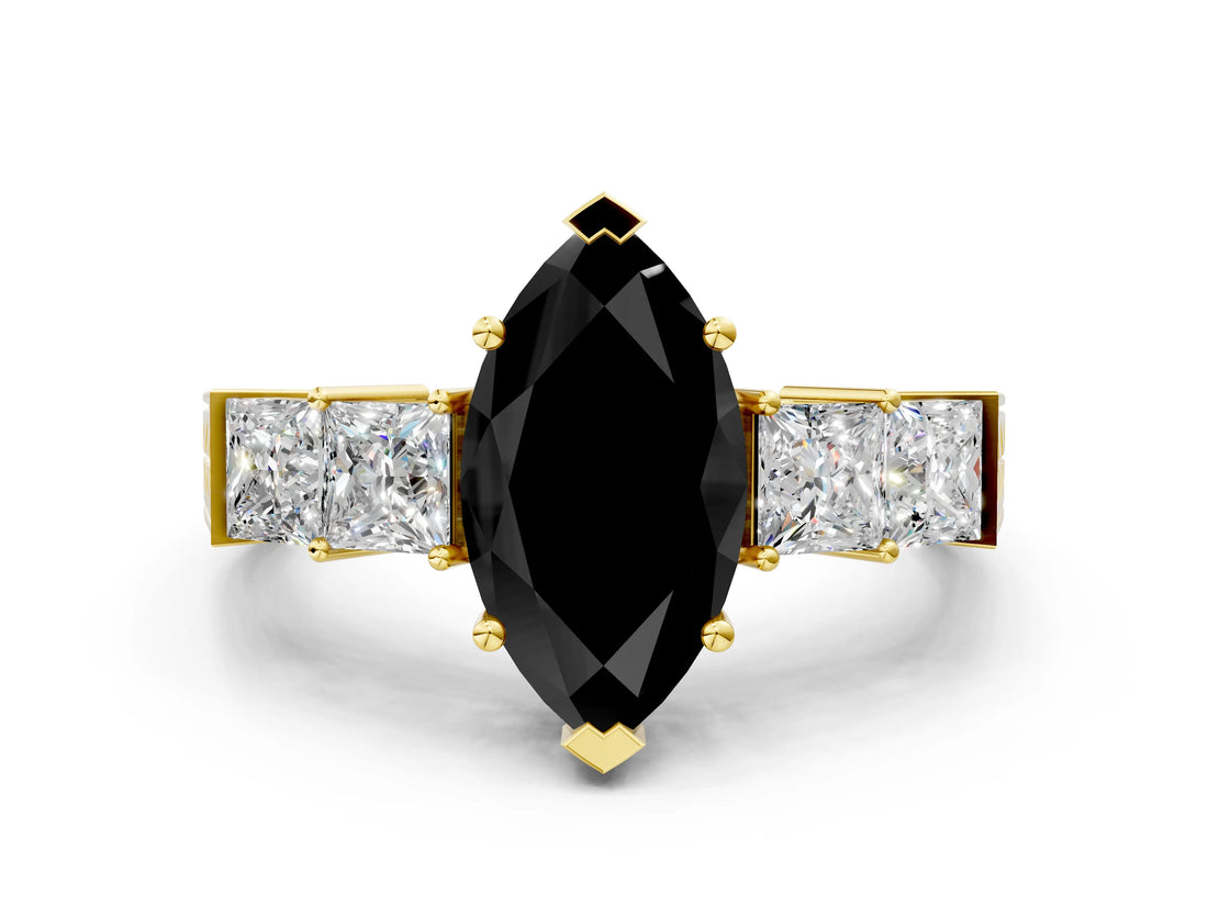 Yellow gold Fancy Black Marquise Cut Solitaire Princess Side Stone Engraved Band Prong Setting Ring