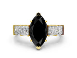Yellow gold Fancy Black Marquise Cut Solitaire Princess Side Stone Engraved Band Prong Setting Ring