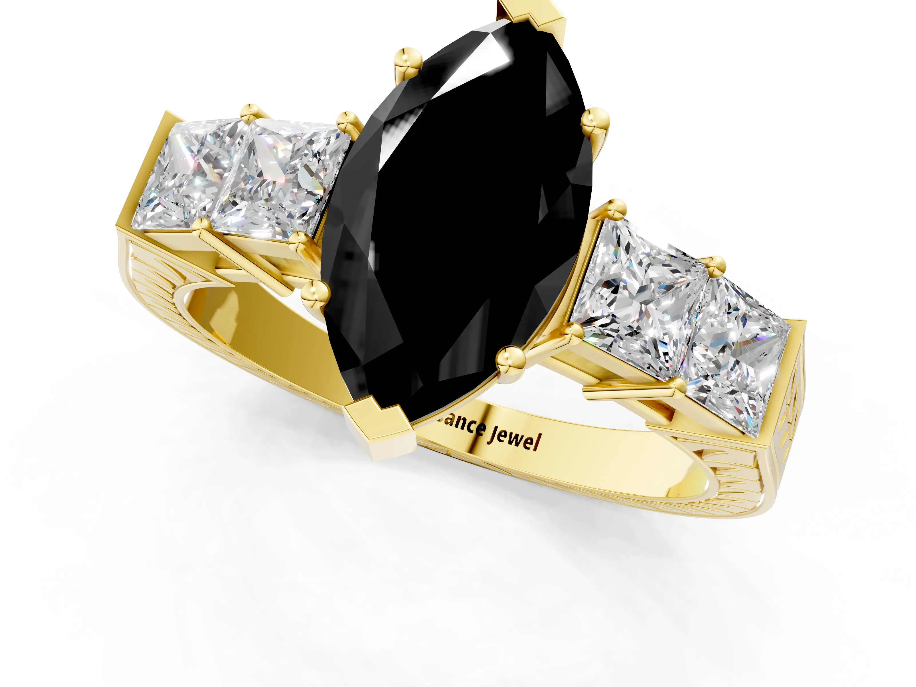 Yellow gold Fancy Black Marquise Cut Solitaire Princess Side Stone Engraved Band Prong Setting Ring_1