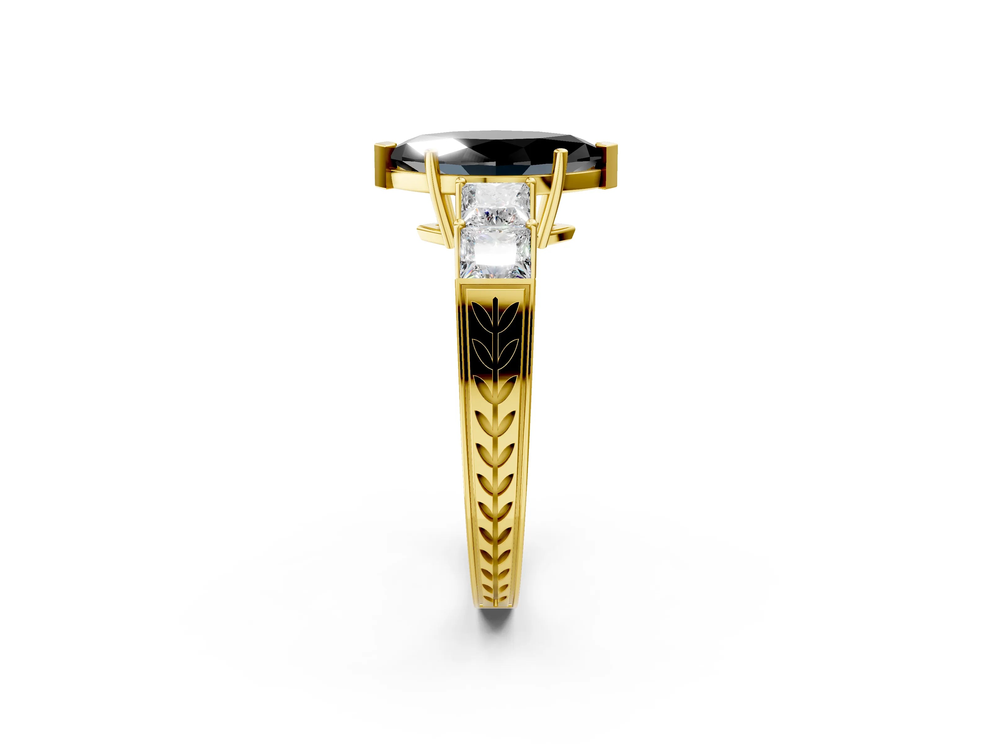 Yellow gold Fancy Black Marquise Cut Solitaire Princess Side Stone Engraved Band Prong Setting Ring_2