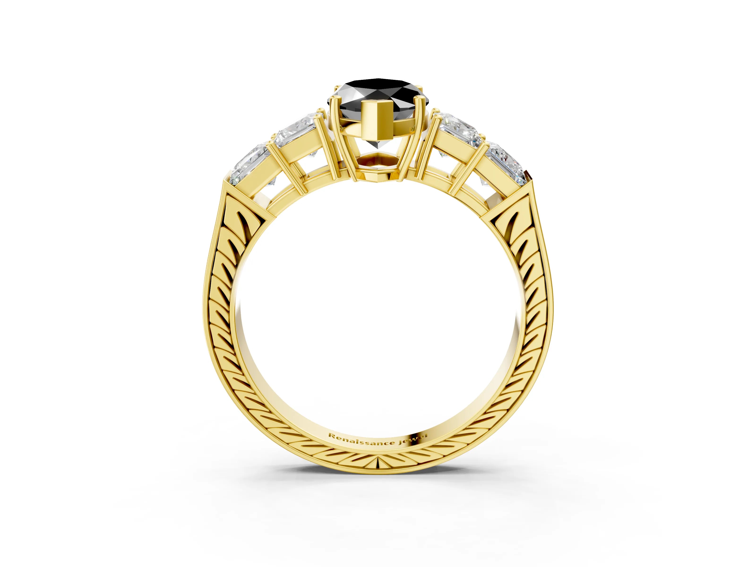 Yellow gold Fancy Black Marquise Cut Solitaire Princess Side Stone Engraved Band Prong Setting Ring_3