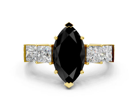 Yellow gold Fancy Black Marquise Cut Solitaire Princess Side Stone Engraved Band Prong Setting Ring