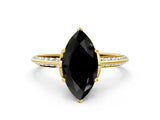 Yellow gold Fancy Black Marquise Cut Solitaire Split Shank Pave Diamond Engagement Ring with Four-Prong Setting