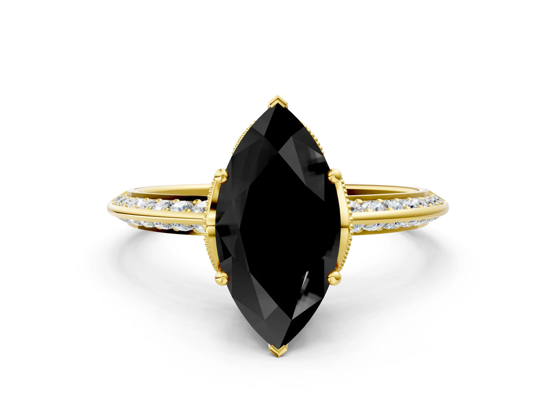 Yellow gold Fancy Black Marquise Cut Solitaire Split Shank Pave Diamond Engagement Ring with Four-Prong Setting_24