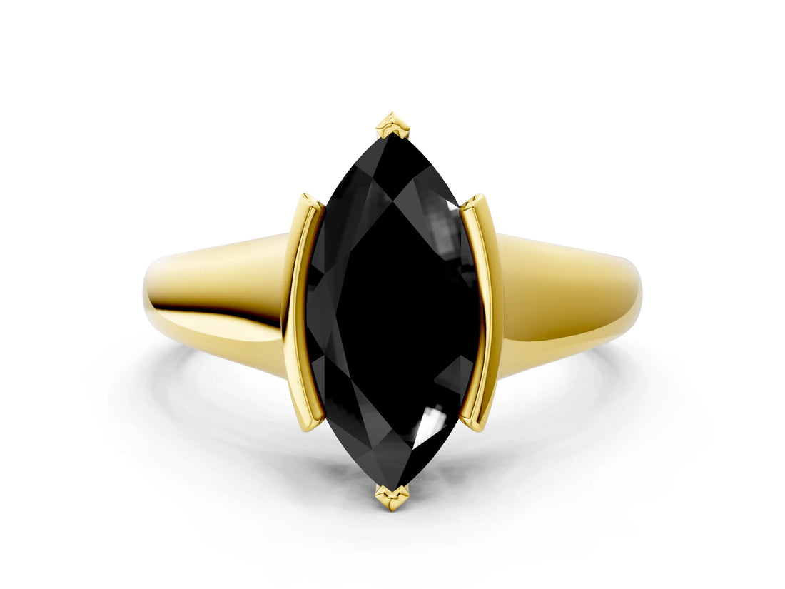 Yellow gold Fancy Black Marquise Cut Solitaire Tension Set Diamond Ring with Split Shank Band