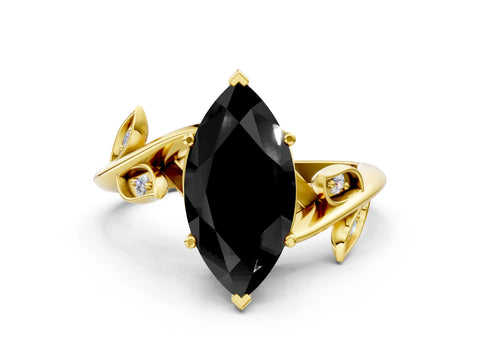 Yellow gold Fancy Black Marquise Cut Solitaire Twist Engagement Ring with Leaf Accents and Prong Setting_12