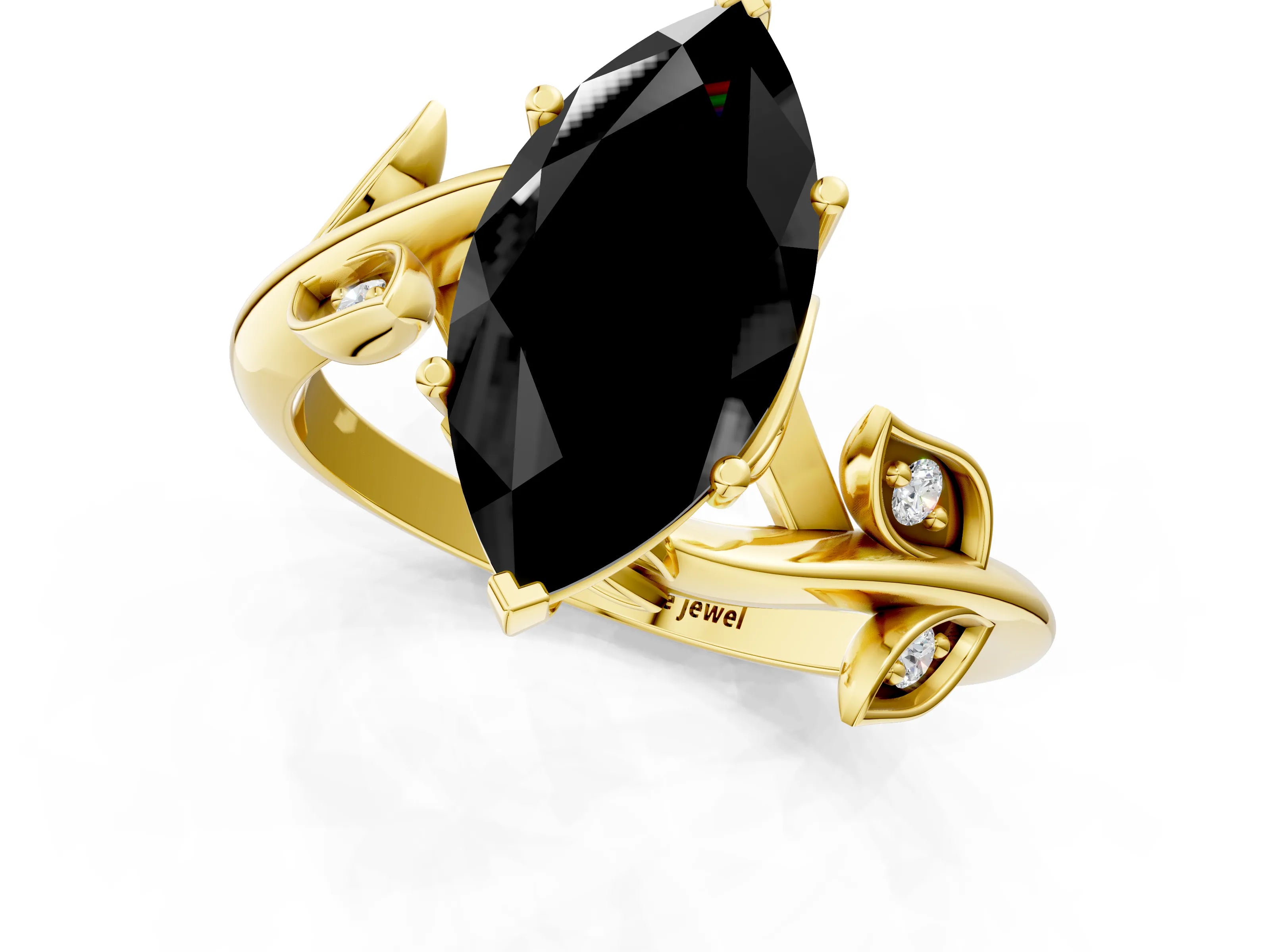 Yellow gold Fancy Black Marquise Cut Solitaire Twist Engagement Ring with Leaf Accents and Prong Setting_13