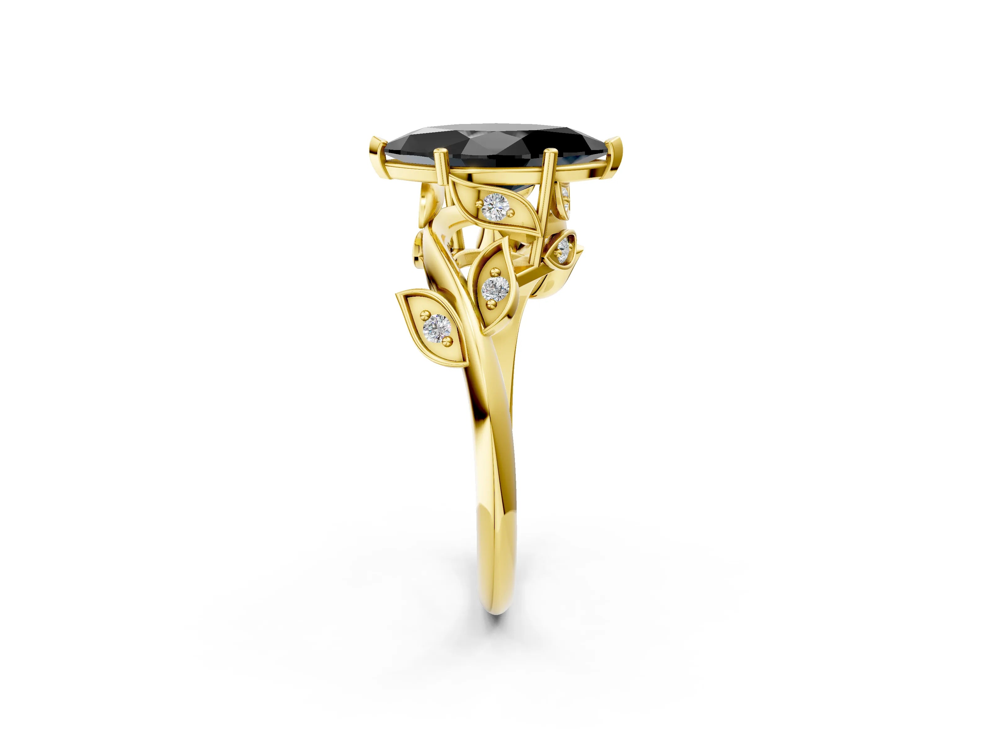 Yellow gold Fancy Black Marquise Cut Solitaire Twist Engagement Ring with Leaf Accents and Prong Setting_14