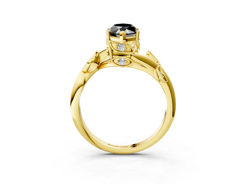 Yellow gold Fancy Black Marquise Cut Solitaire Twist Engagement Ring with Leaf Accents and Prong Setting_15
