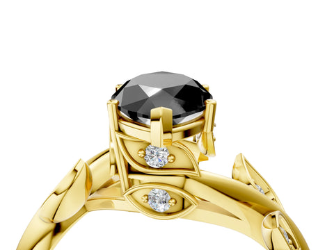 Yellow gold Fancy Black Marquise Cut Solitaire Twist Engagement Ring with Leaf Accents and Prong Setting_16