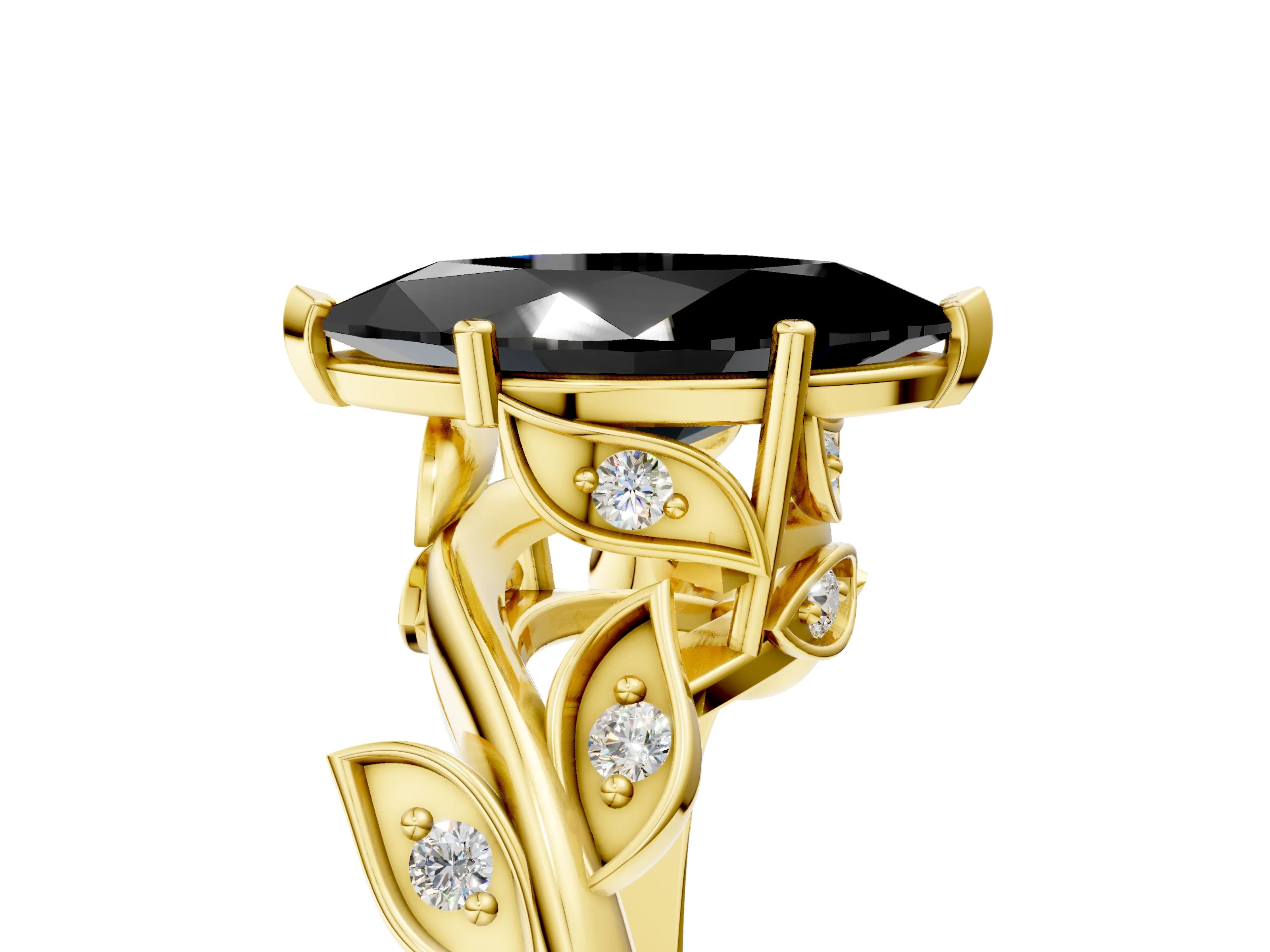Yellow gold Fancy Black Marquise Cut Solitaire Twist Engagement Ring with Leaf Accents and Prong Setting_17