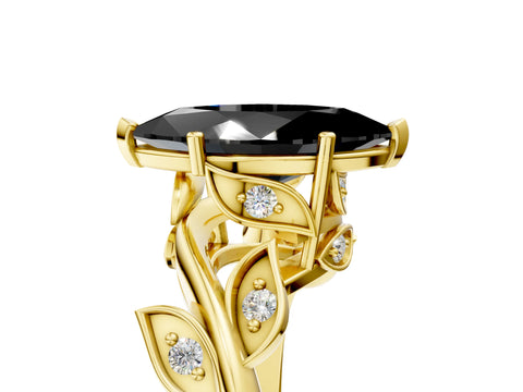 Yellow gold Fancy Black Marquise Cut Solitaire Twist Engagement Ring with Leaf Accents and Prong Setting_17