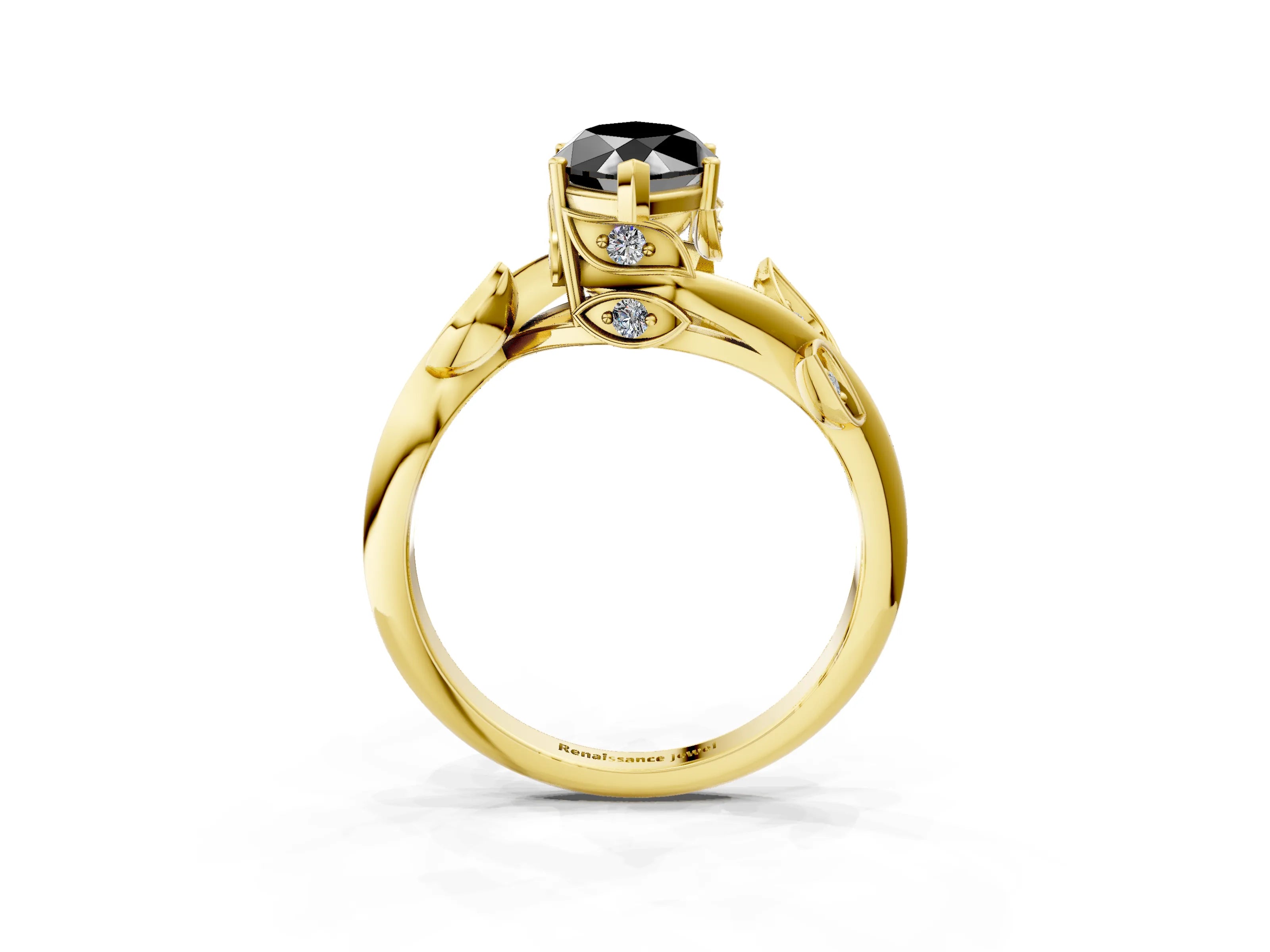 Yellow gold Fancy Black Marquise Cut Solitaire Twist Engagement Ring with Leaf Accents and Prong Setting_3