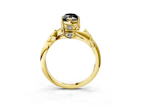 Yellow gold Fancy Black Marquise Cut Solitaire Twist Engagement Ring with Leaf Accents and Prong Setting_3