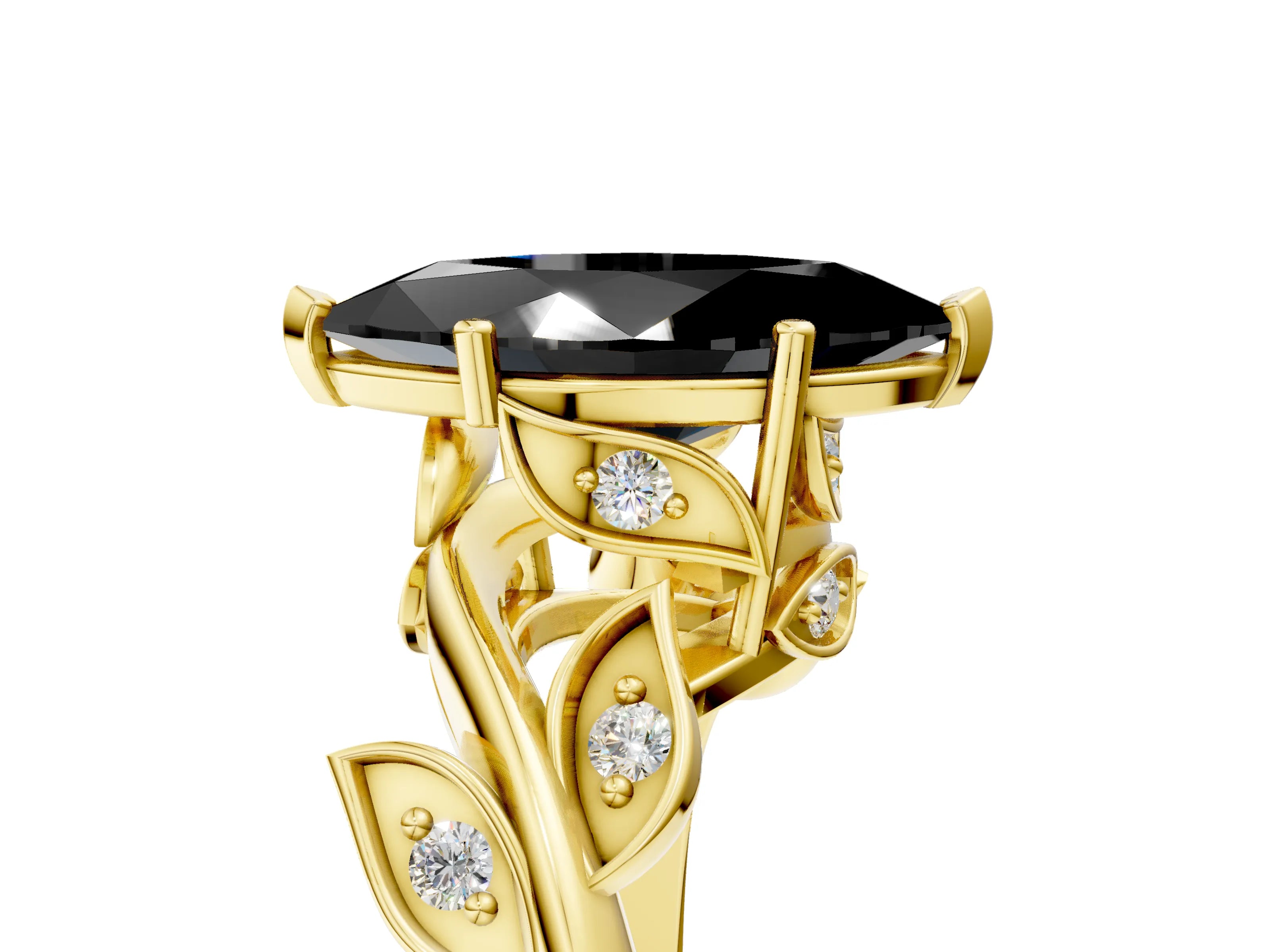 Yellow gold Fancy Black Marquise Cut Solitaire Twist Engagement Ring with Leaf Accents and Prong Setting_5