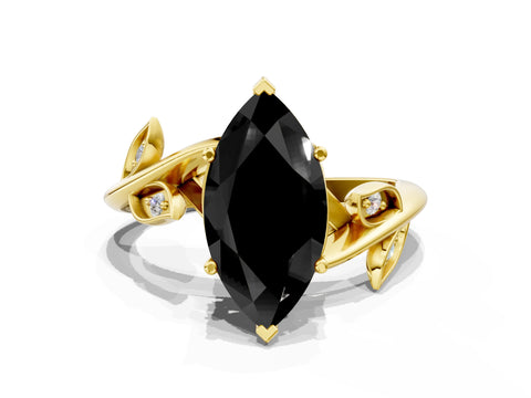 Yellow gold Fancy Black Marquise Cut Solitaire Twist Engagement Ring with Leaf Accents and Prong Setting