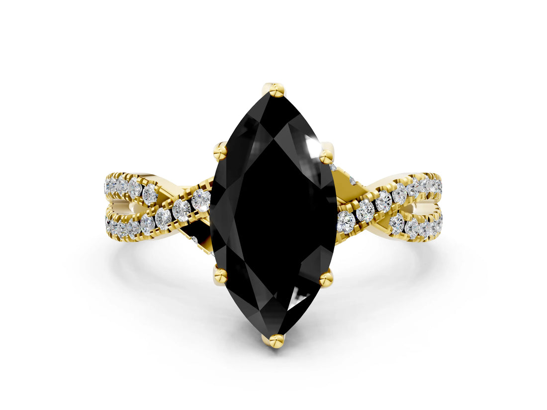 Yellow gold Fancy Black Marquise Cut Solitaire Twist Pave Diamond Engagement Ring with Prong Setting