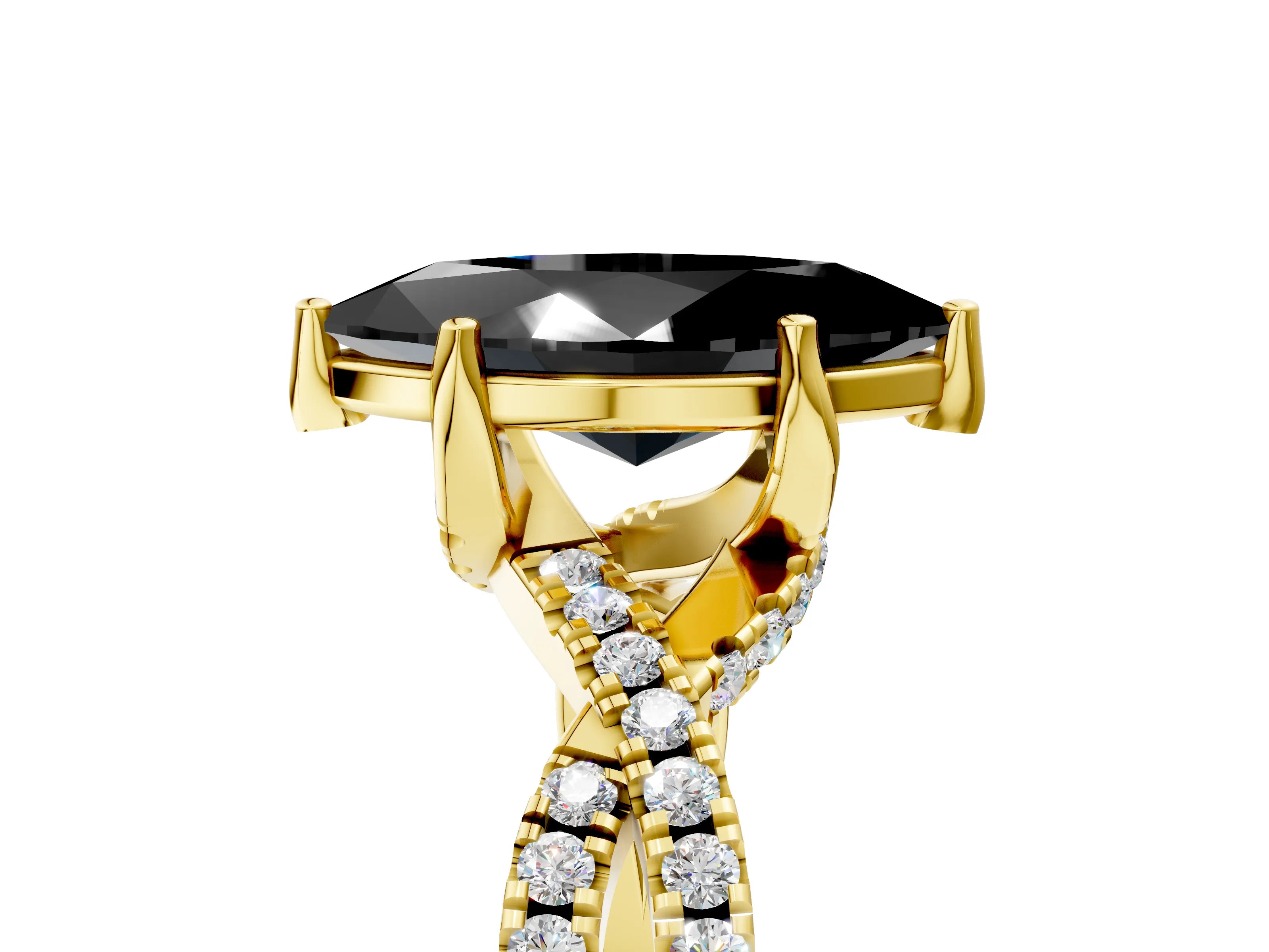 Yellow gold Fancy Black Marquise Cut Solitaire Twist Pave Diamond Engagement Ring with Prong Setting_29