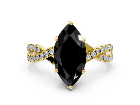 Yellow gold Fancy Black Marquise Cut Solitaire Twist Pave Diamond Engagement Ring with Prong Setting