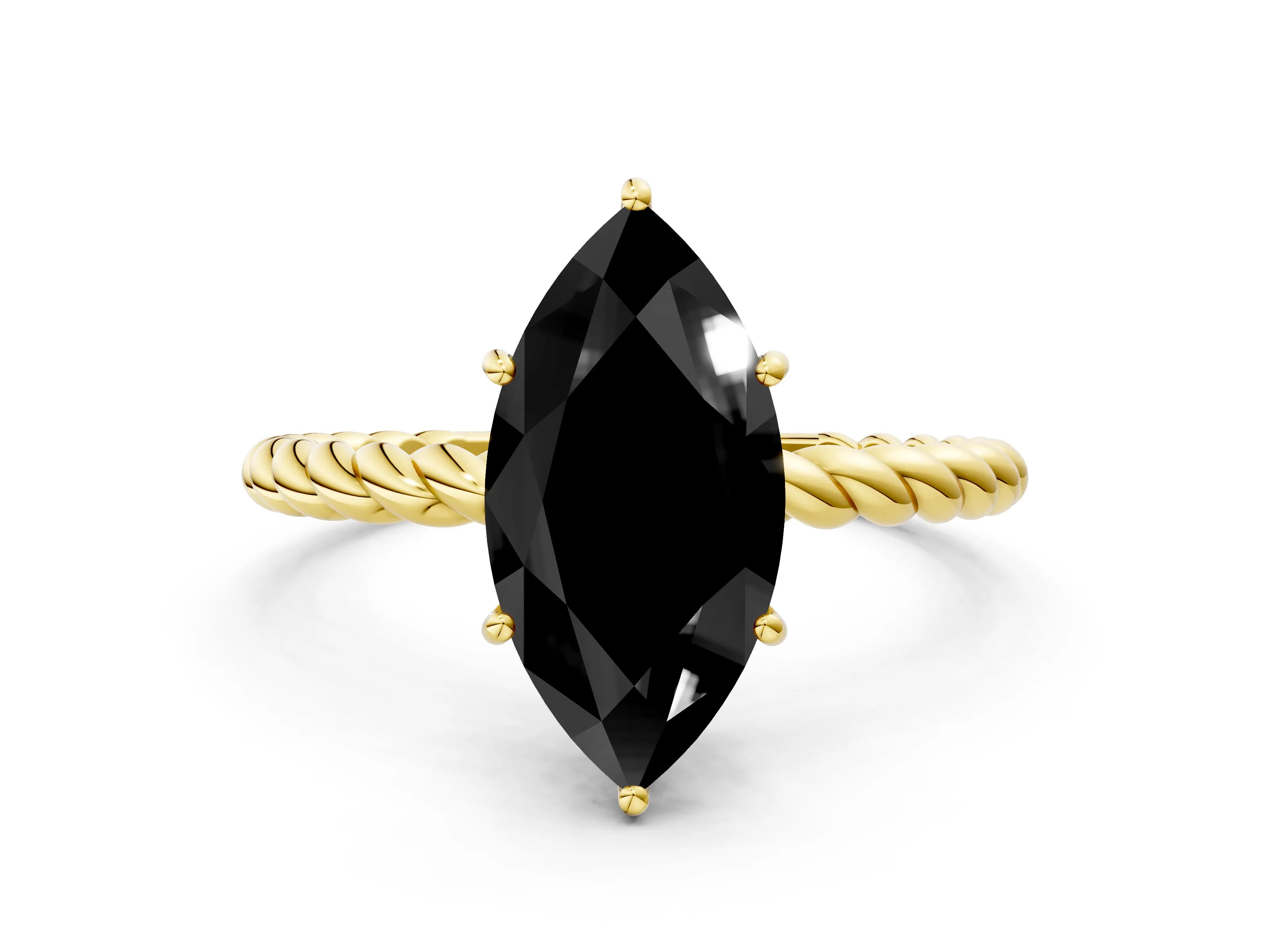 Yellow gold Fancy Black Marquise Cut Solitaire Twisted Band 4-Prong Ring
