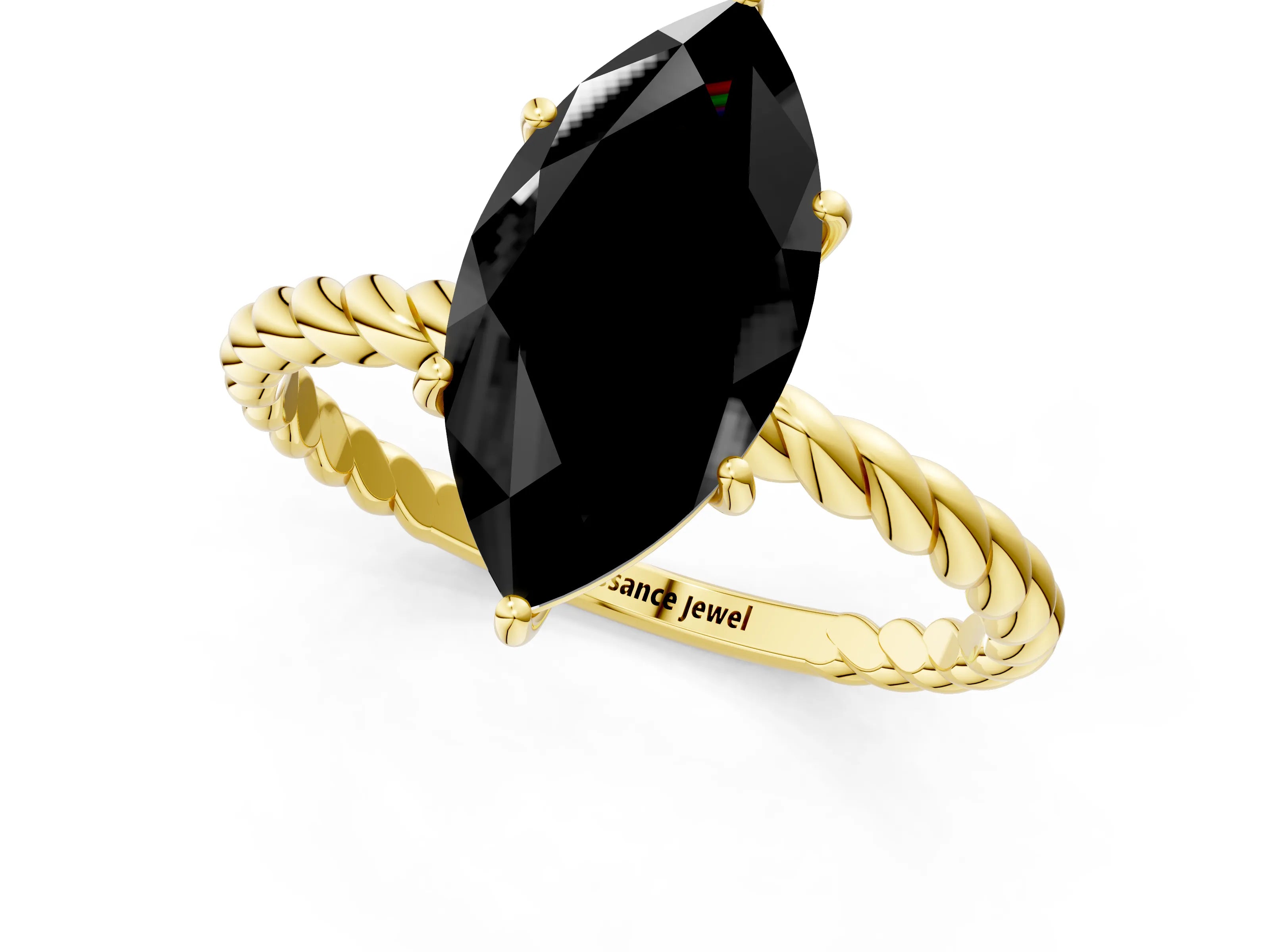 Yellow gold Fancy Black Marquise Cut Solitaire Twisted Band 4-Prong Ring_1
