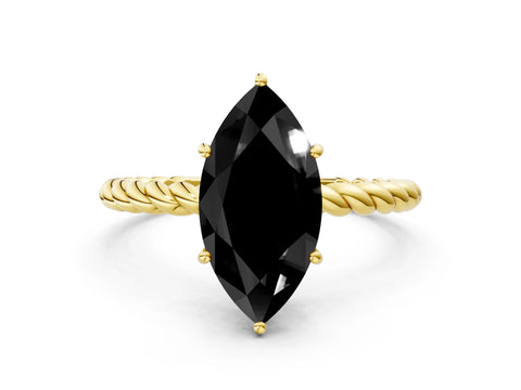 Yellow gold Fancy Black Marquise Cut Solitaire Twisted Band 4-Prong Ring