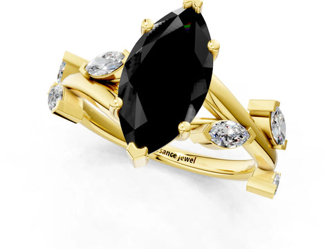 Yellow gold Fancy Black Marquise Cut Solitaire Twisted Band Marquise Accent Prong Setting Ring_1