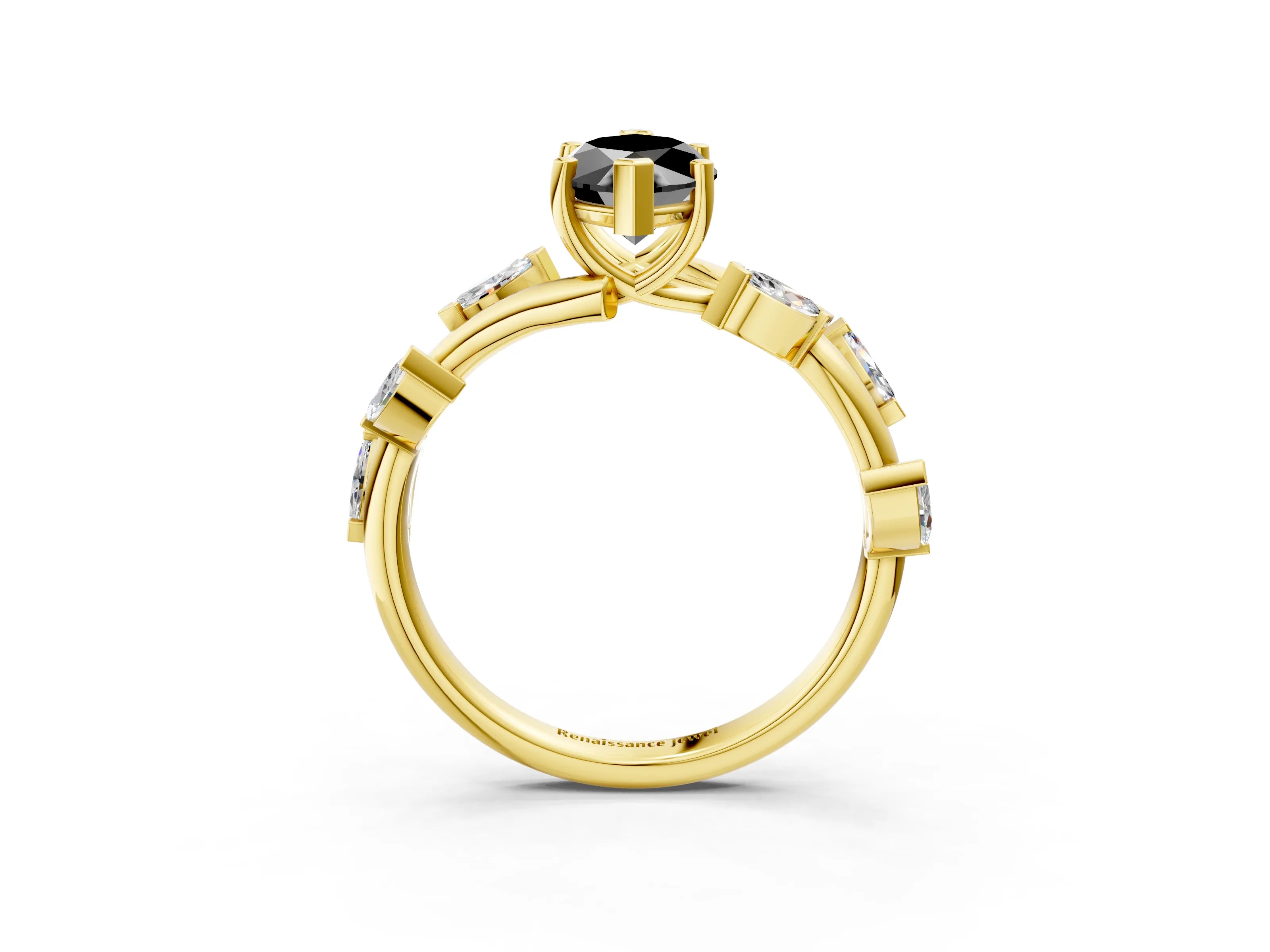 Yellow gold Fancy Black Marquise Cut Solitaire Twisted Band Marquise Accent Prong Setting Ring_3