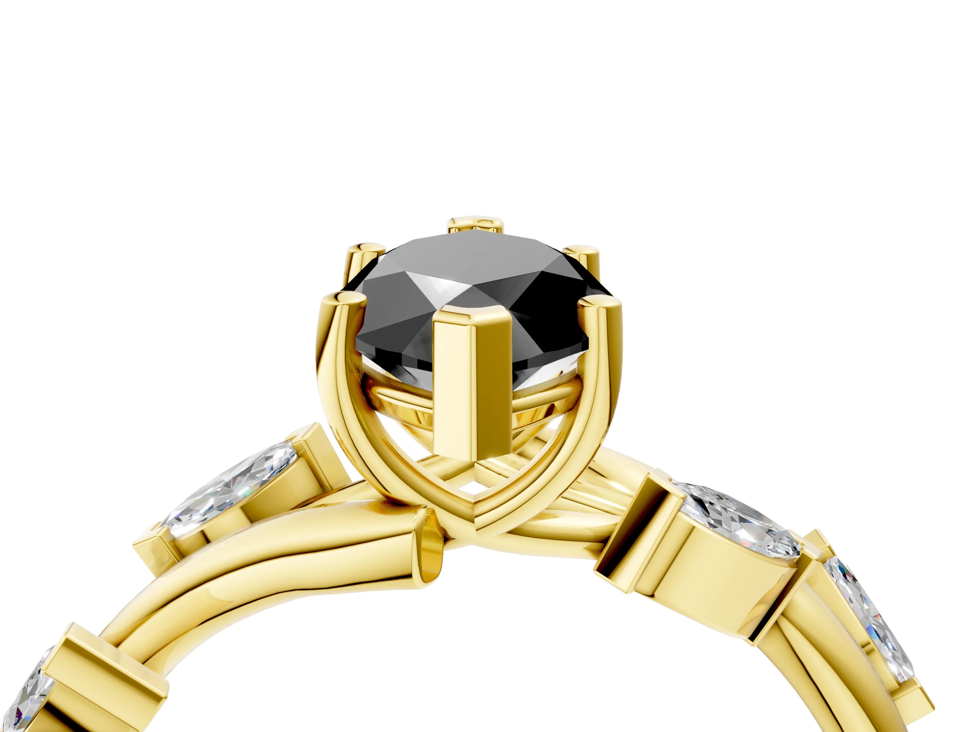 Yellow gold Fancy Black Marquise Cut Solitaire Twisted Band Marquise Accent Prong Setting Ring_4