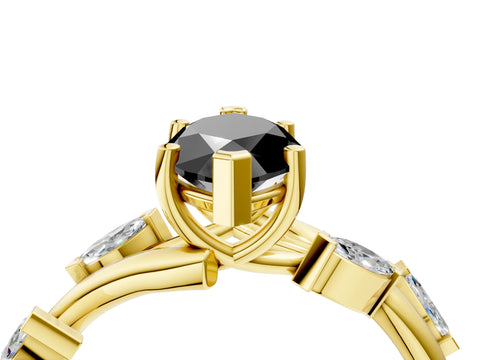 Yellow gold Fancy Black Marquise Cut Solitaire Twisted Band Marquise Accent Prong Setting Ring_4