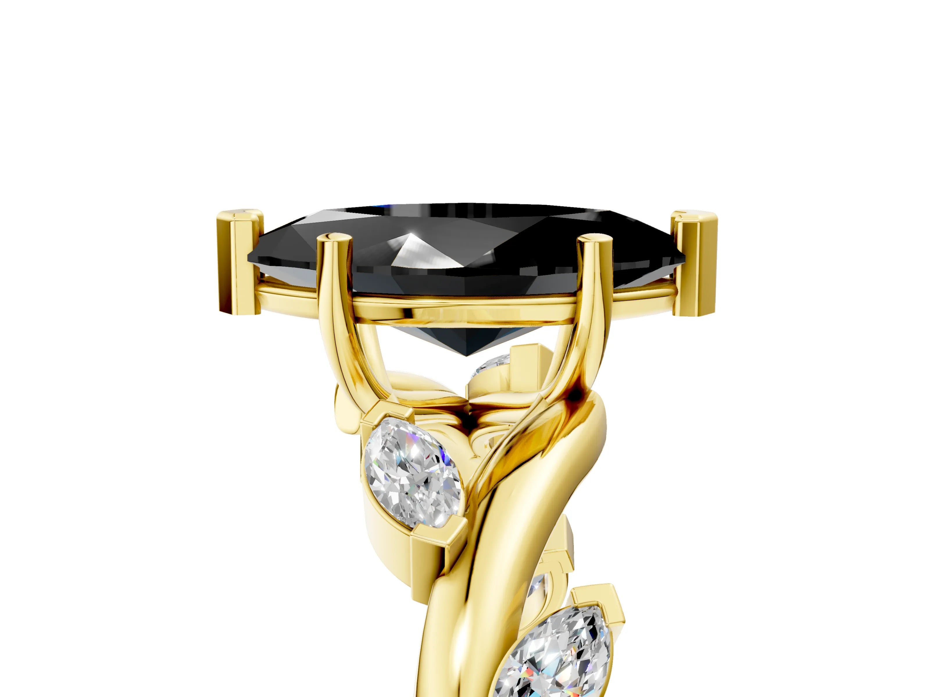 Yellow gold Fancy Black Marquise Cut Solitaire Twisted Band Marquise Accent Prong Setting Ring_5