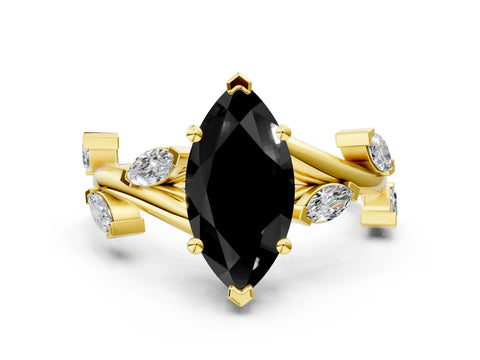 Yellow gold Fancy Black Marquise Cut Solitaire Twisted Band Marquise Accent Prong Setting Ring