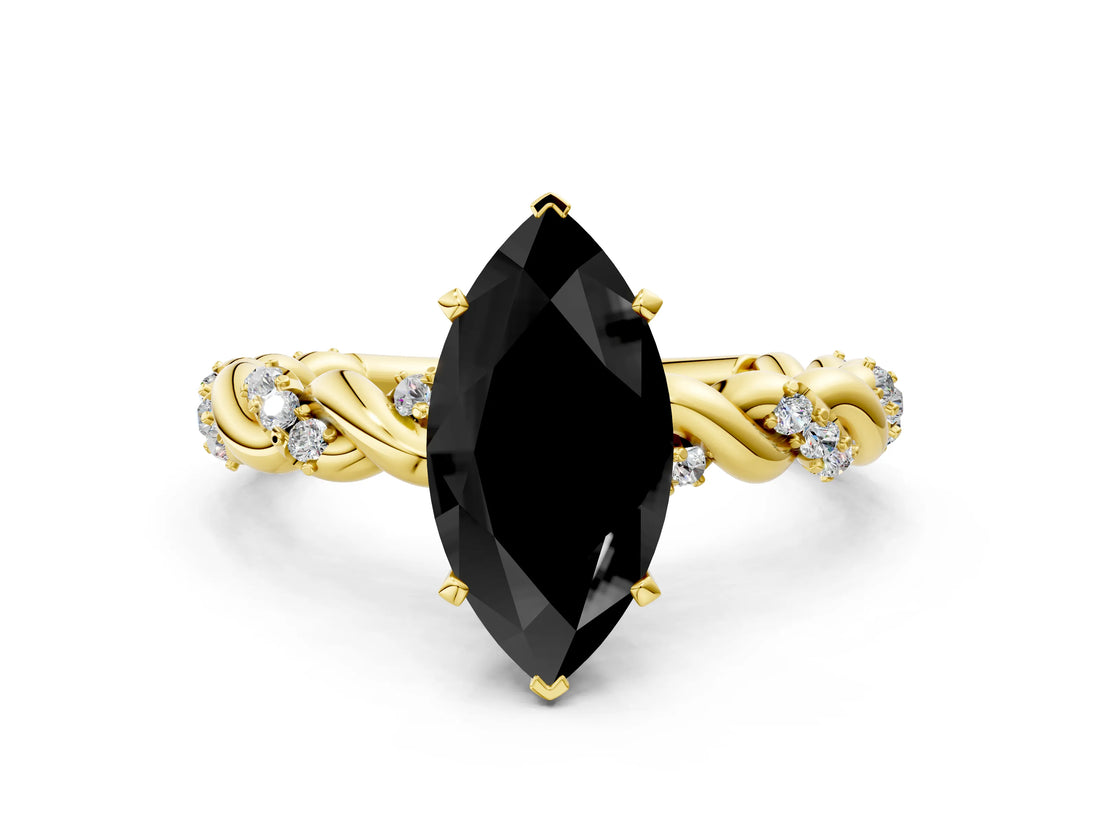 Yellow gold Fancy Black Marquise Cut Solitaire Twisted Band with Pavé Accents and Four-Prong Setting