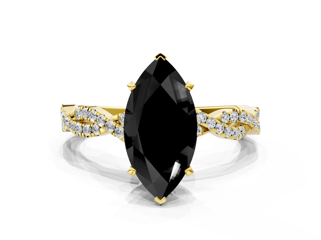 Yellow gold Fancy Black Marquise Cut Solitaire Twisted Pave Band with Four-Prong Setting_3
