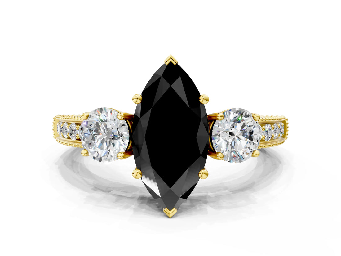 Yellow gold Fancy Black Marquise Cut Three-Stone Diamond Ring with Pavé Band and Four-Prong Setting