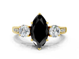 Yellow gold Fancy Black Marquise Cut Three-Stone Diamond Ring with Pavé Band and Four-Prong Setting