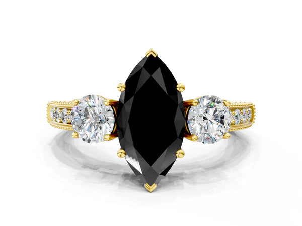 Yellow Gold Marquise Graduated Three Stone Engagement Ring Setting for Black Center