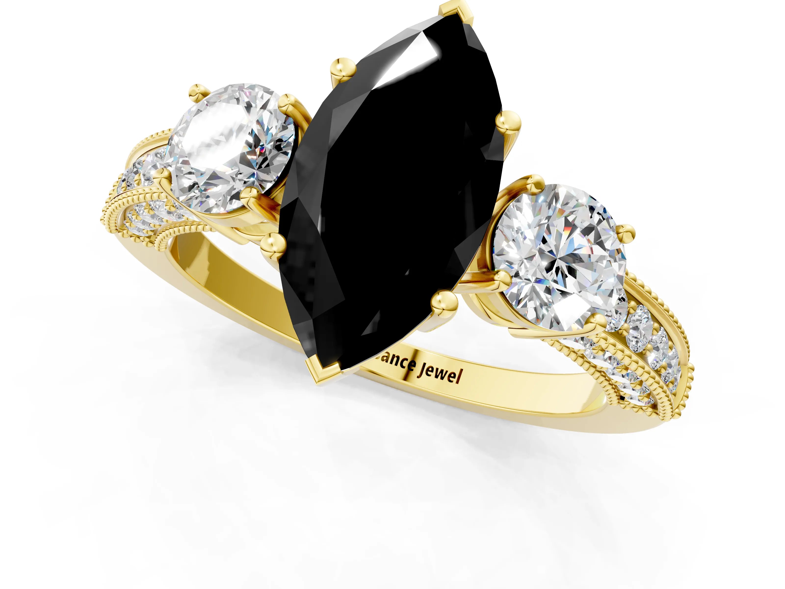 Yellow gold Fancy Black Marquise Cut Three-Stone Diamond Ring with Pavé Band and Four-Prong Setting_1