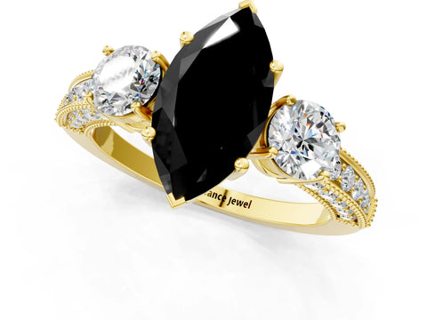 Yellow gold Fancy Black Marquise Cut Three-Stone Diamond Ring with Pavé Band and Four-Prong Setting_1