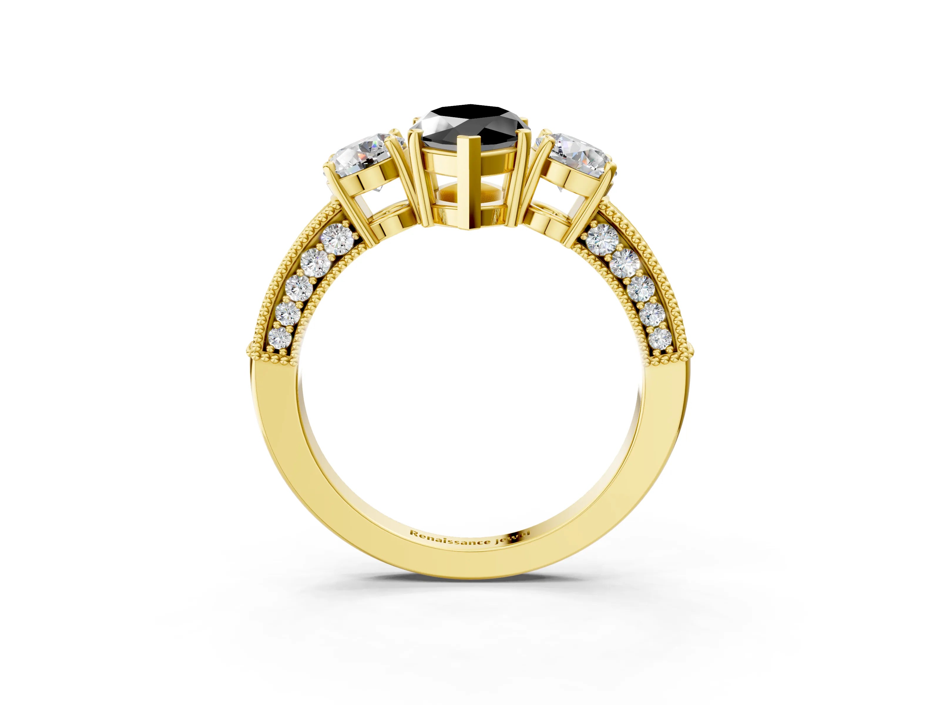 Yellow gold Fancy Black Marquise Cut Three-Stone Diamond Ring with Pavé Band and Four-Prong Setting_3