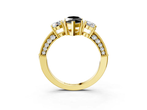 Yellow gold Fancy Black Marquise Cut Three-Stone Diamond Ring with Pavé Band and Four-Prong Setting_3